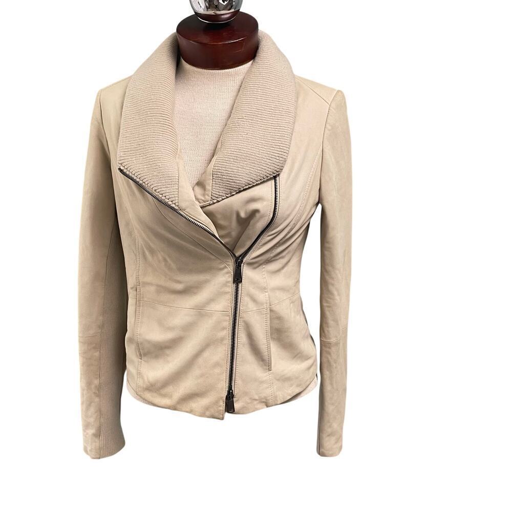 Vince Lamb Leather Asymmetric Biker Moto Jacket Rib Knit Collar Size XS Neutral